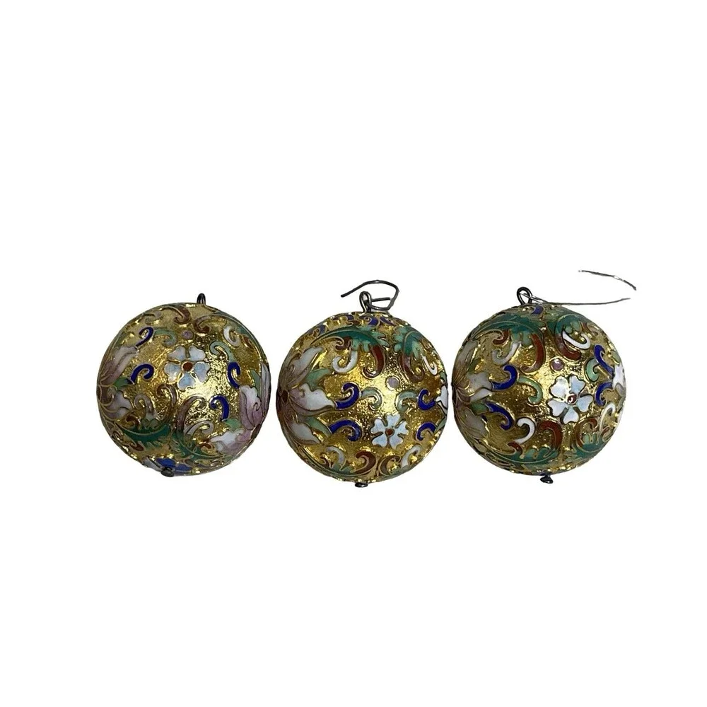 Lillian Vernon Cloisonné Ornaments Set of 3 Ball Gold Enamel Floral Vintage 1.5